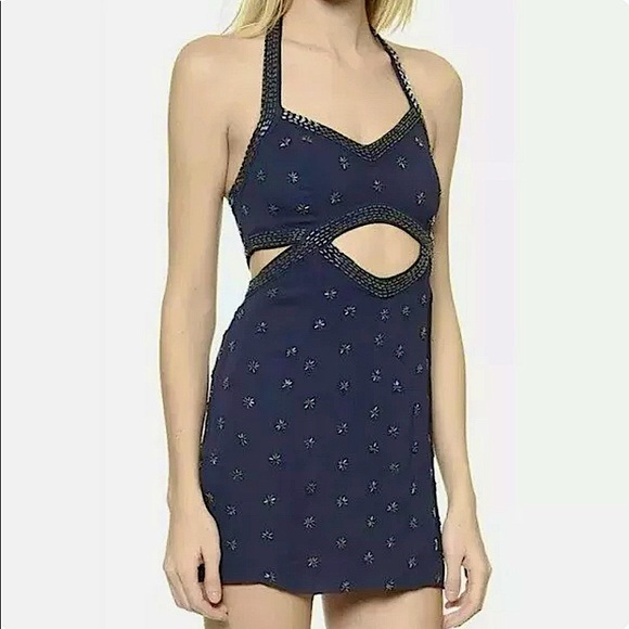 Free People Navy Blue Beaded Cutout Mini Club Dress - Picture 11 of 13